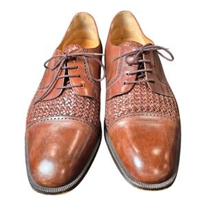 Mezlan Mens 10.5 W Cancun Woven Leather Oxford Dress Shoes Brown Cap Toe Lace Up